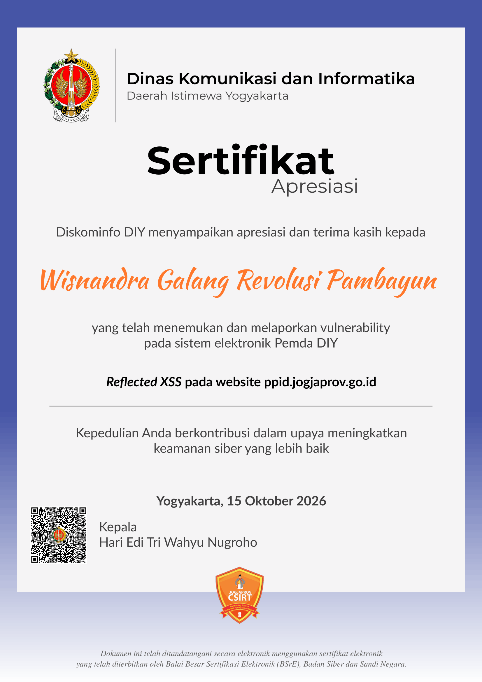 Certificate of Appreciation — Diskominfo DIY