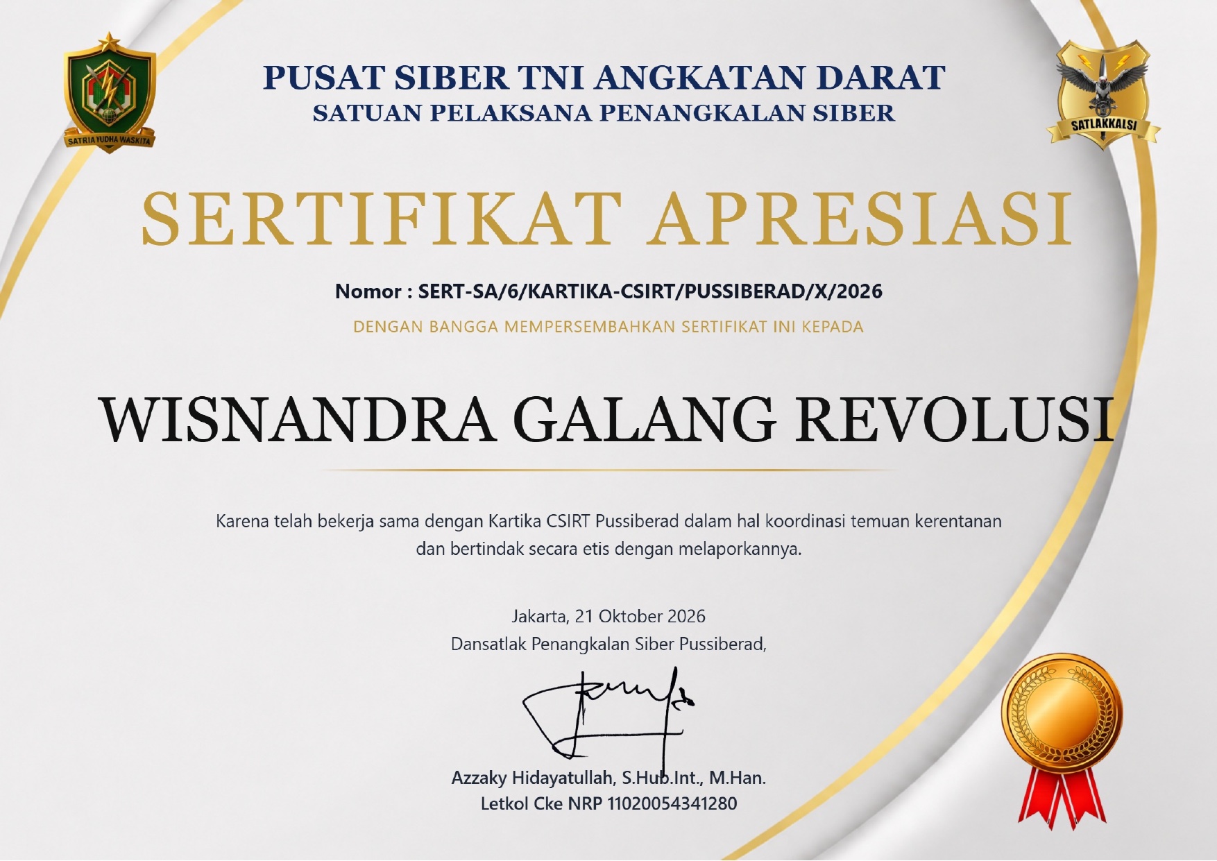 Certificate of Appreciation — Pusat Siber TNI AD (Kartika CSIRT)